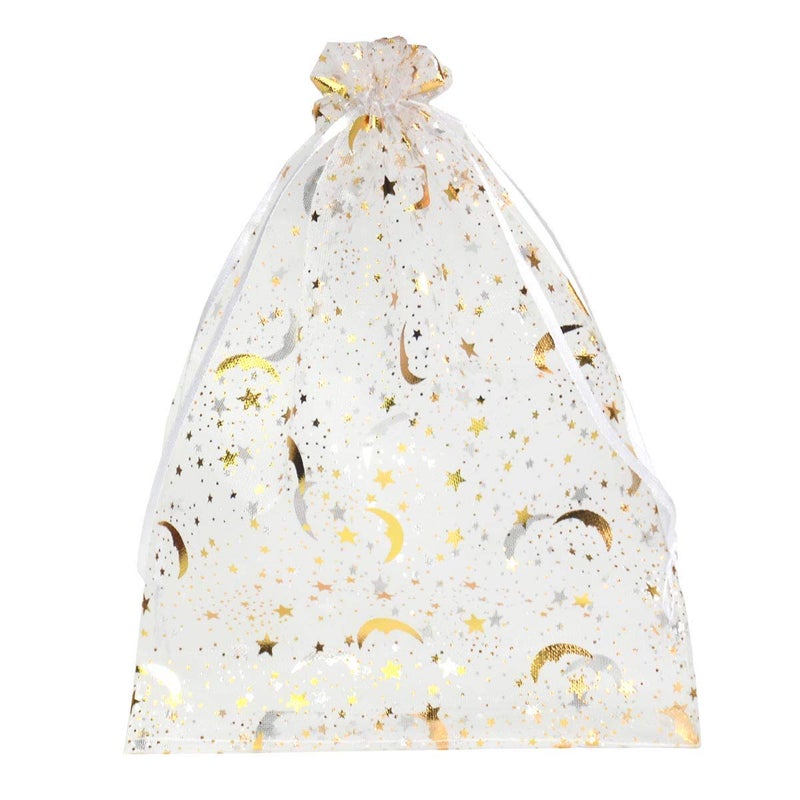 SUNGULF 100Pcs 6x9 Inches Sheer Organza Drawstring Pouches Stars And Moon Wedding Party Favor Jewelry Candy Gift Bags (White) - Image 2